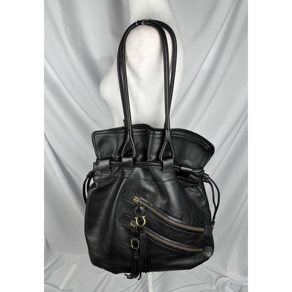 Salvatore Ferragamo Black Leather Cinch Tote Bag Gancini Tassel Italy
